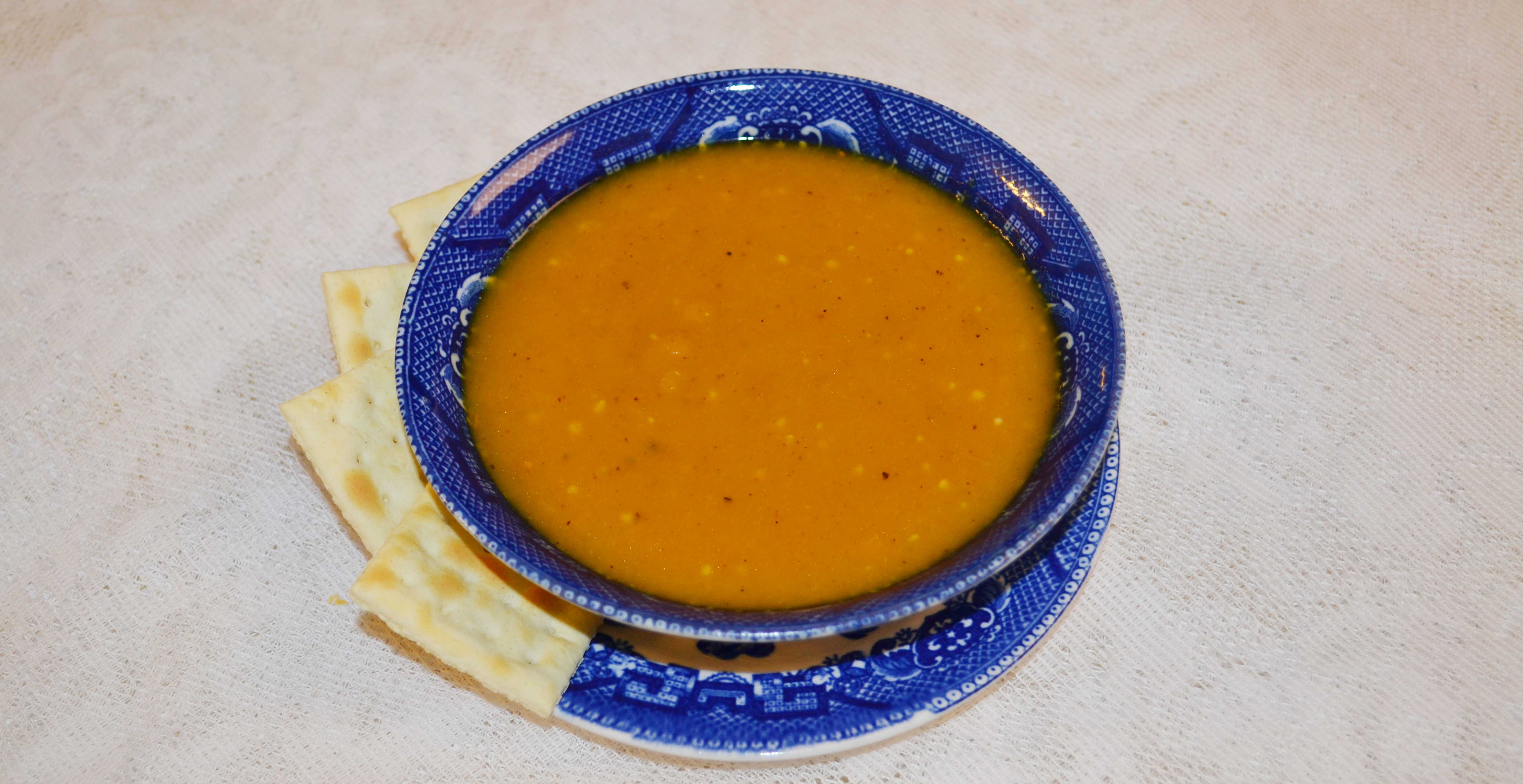 Blue bowl of butternut squash soup