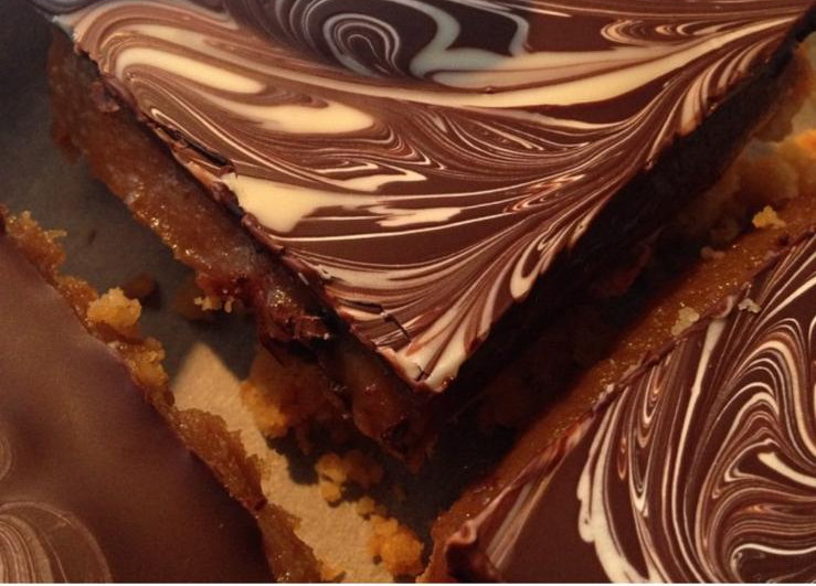Millionaire’s shortbread with swirled chocolate topping